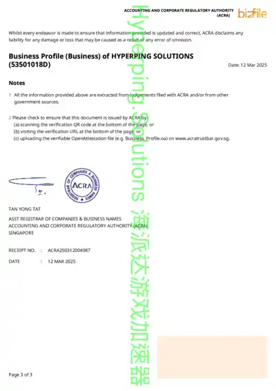 Hyperping Solutions Singapore company registration document page 3