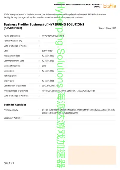Hyperping Solutions Singapore company registration document page 1